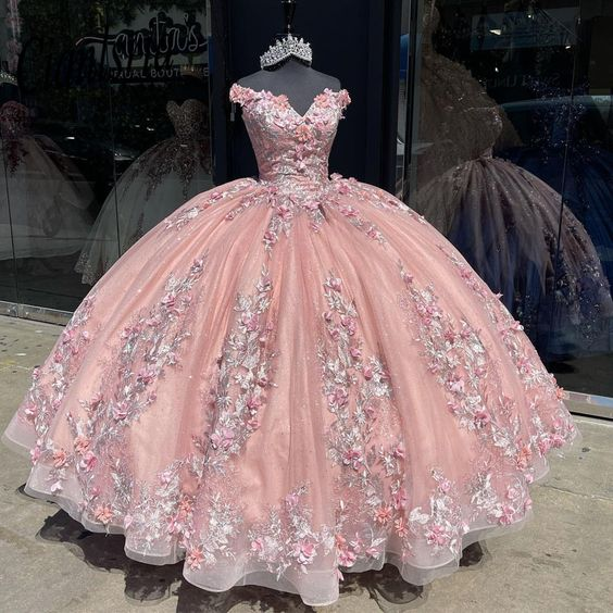 Vestido de quinceañera con apliques 3D y hombros descubiertos para fiesta de 15 años Y6298