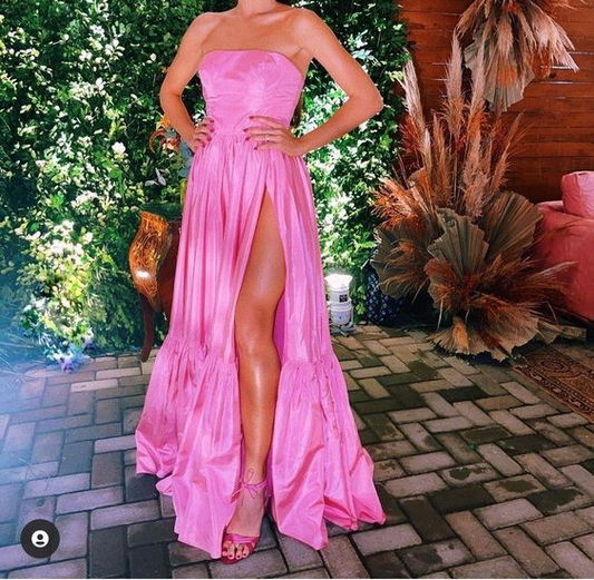 Trägerloses langes Abendkleid aus rosa Satin, edles rosa Ballkleid Y442