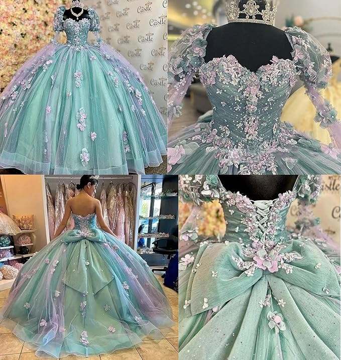 Vestido de quinceañera con flores 3D en color lila y mangas largas abullonadas Y6580