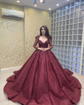 Luxuriöses Burgunderrotes Ballkleid mit langen Ärmeln, Sweet 16 Kleid Y6097