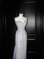 Glamouröses blaues trägerloses Pailletten-Etuikleid mit Perlen, langes Ballkleid, Abendkleid Y8654