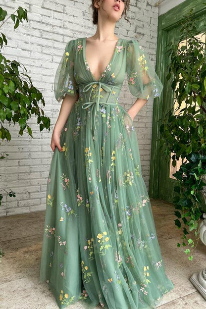 Illusion A-Linie V-Ausschnitt Halbarm Applikationen Tüll Ballkleid PSK384