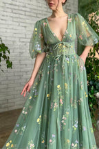Illusion A-Linie V-Ausschnitt Halbarm Applikationen Tüll Ballkleid PSK384