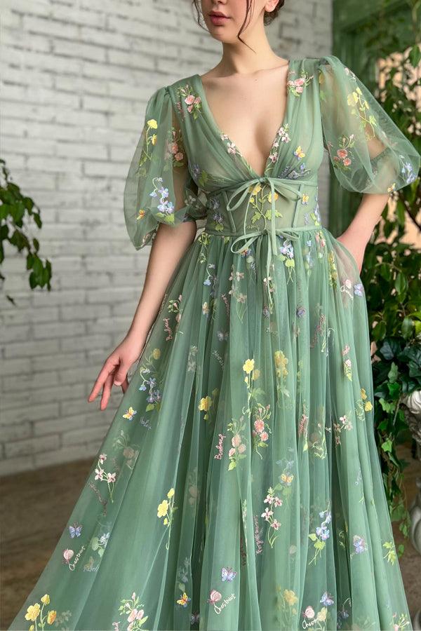 Illusion A-Linie V-Ausschnitt Halbarm Applikationen Tüll Ballkleid PSK384