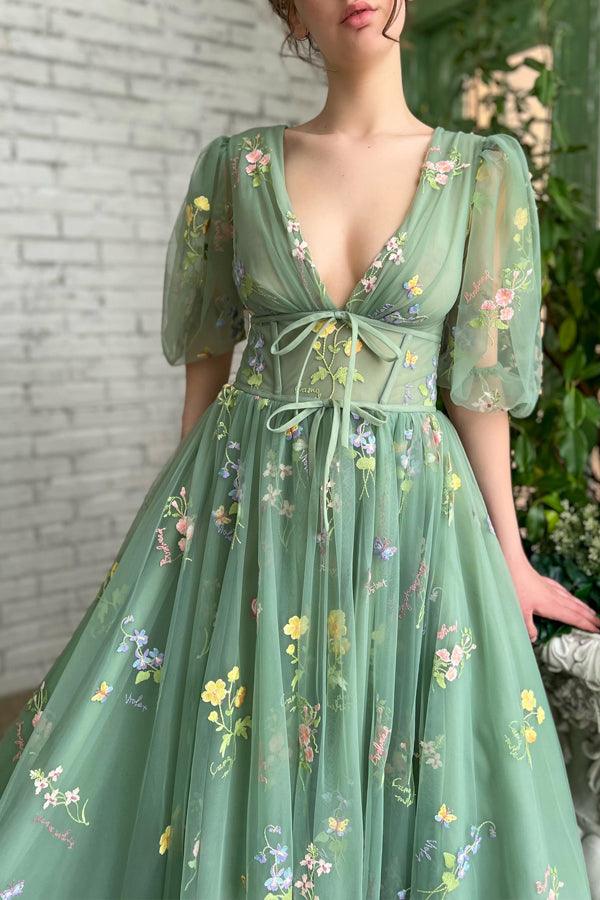 Illusion A-Linie V-Ausschnitt Halbarm Applikationen Tüll Ballkleid PSK384