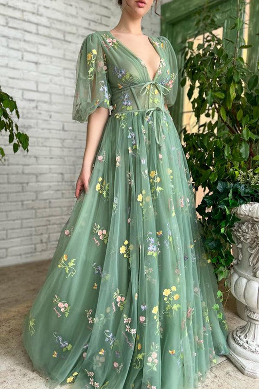 Illusion A-Linie V-Ausschnitt Halbarm Applikationen Tüll Ballkleid PSK384