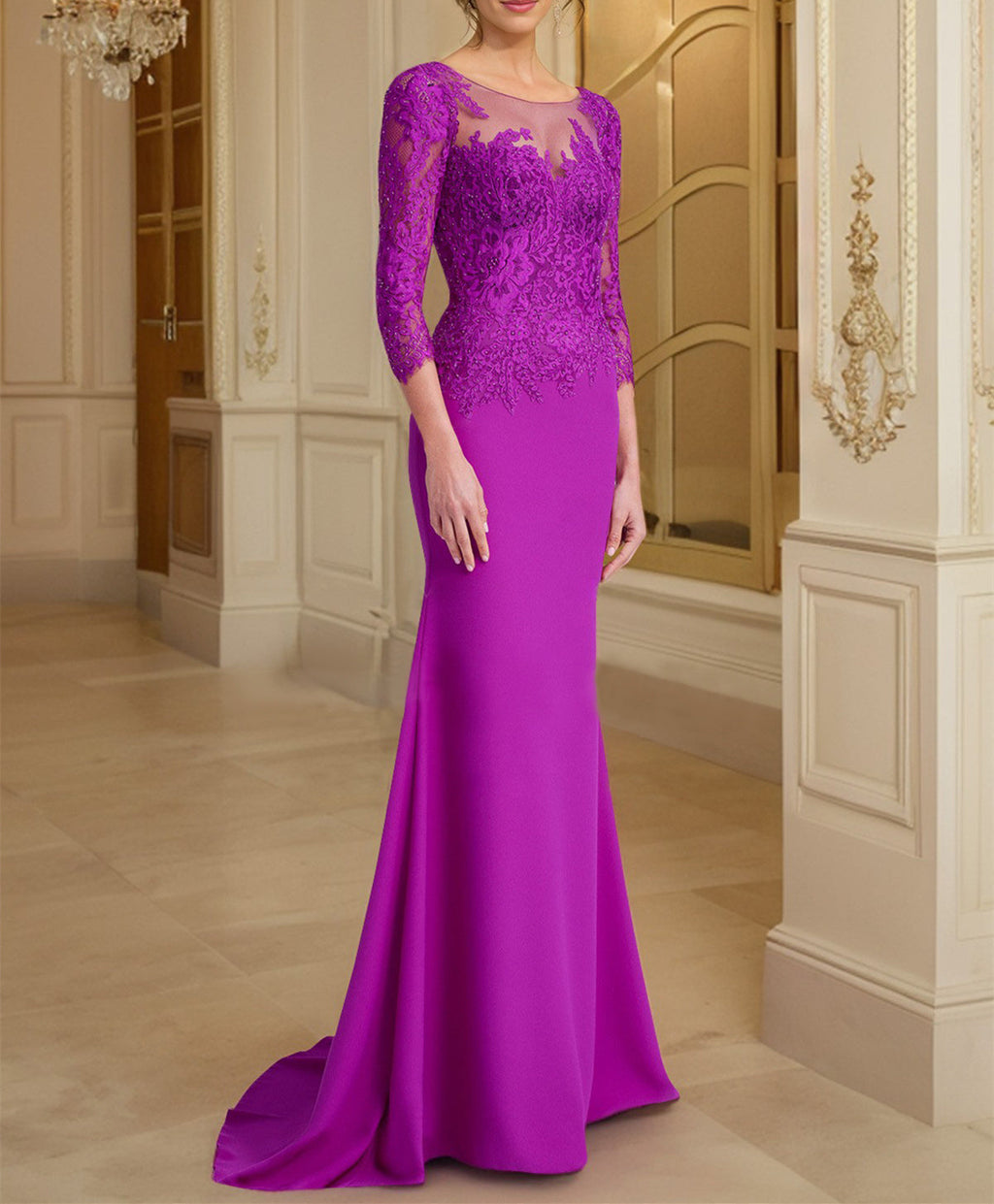 Vestidos de madre de la novia con mangas largas, corte trompeta/sirena y encaje