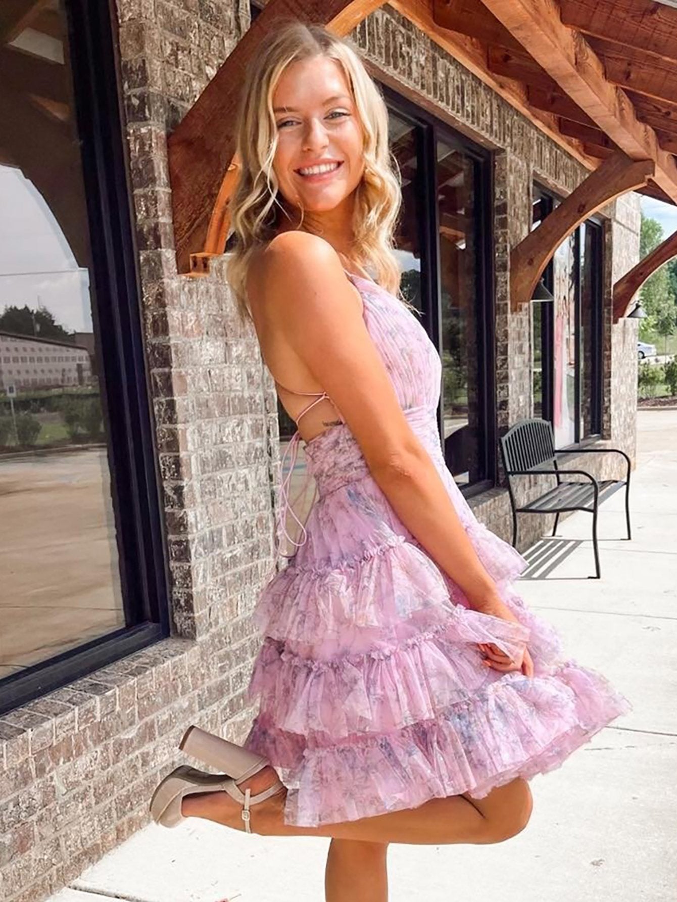 A-Line V Neck Tiered Pinted Homecoming Dress