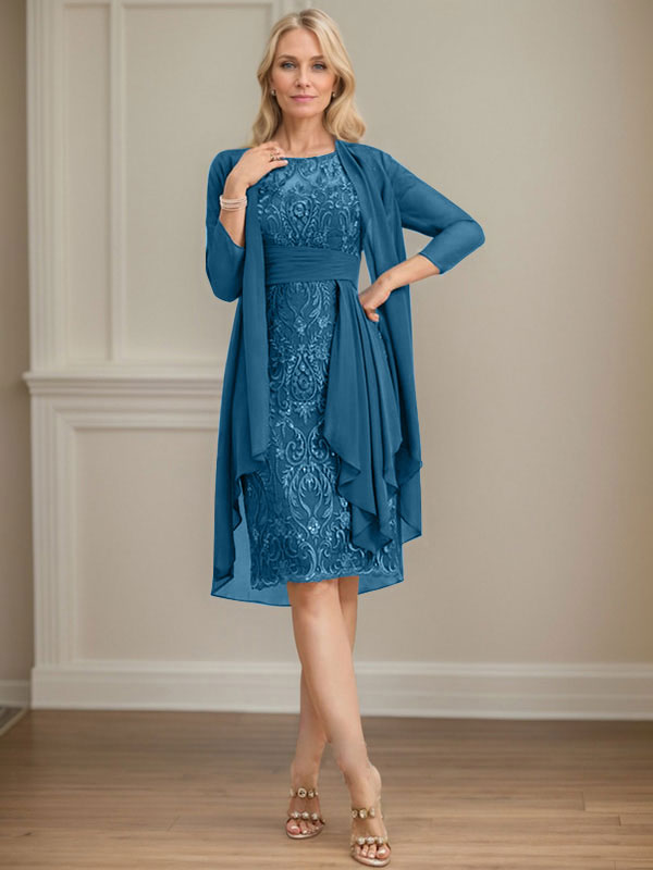 Vestido de madre de la novia de gasa con encaje, escote redondo, ilusión, largo hasta la rodilla, con volantes en cascada y lentejuelas