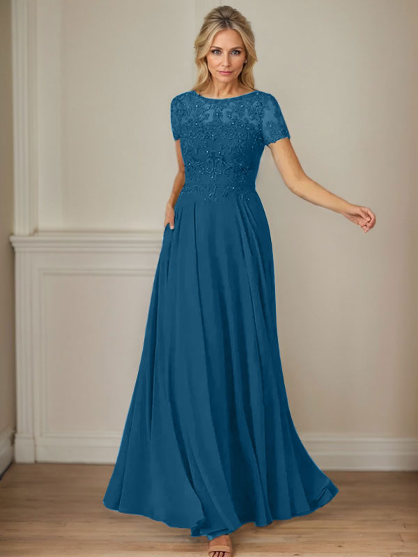 Vestido de gasa azul marino oscuro con escote barco, lentejuelas y corte en A