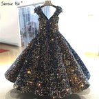 Indigo Blue Gold V-Neck Luxury Evening Dresses 2025 Sleeveless Sequined Sexy Ankle-Length Formal Gowns HA2154