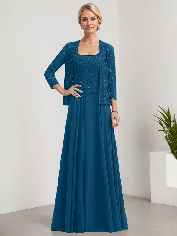 Vestido de madre de la novia de gasa con encaje, corte A, largo hasta el suelo, cuadrado y lentejuelas