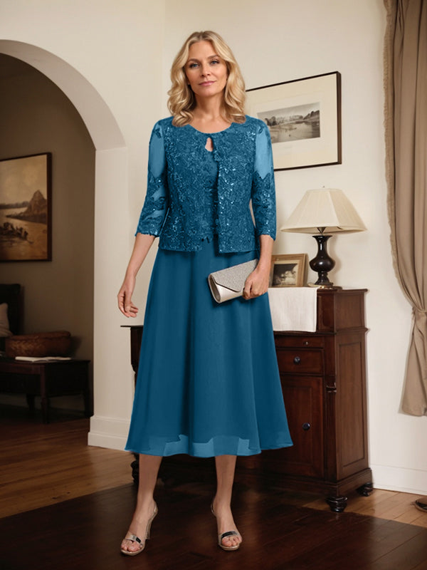 Vestido de gasa con encaje y lentejuelas para madre de la novia, corte A, escote redondo y largo hasta la rodilla