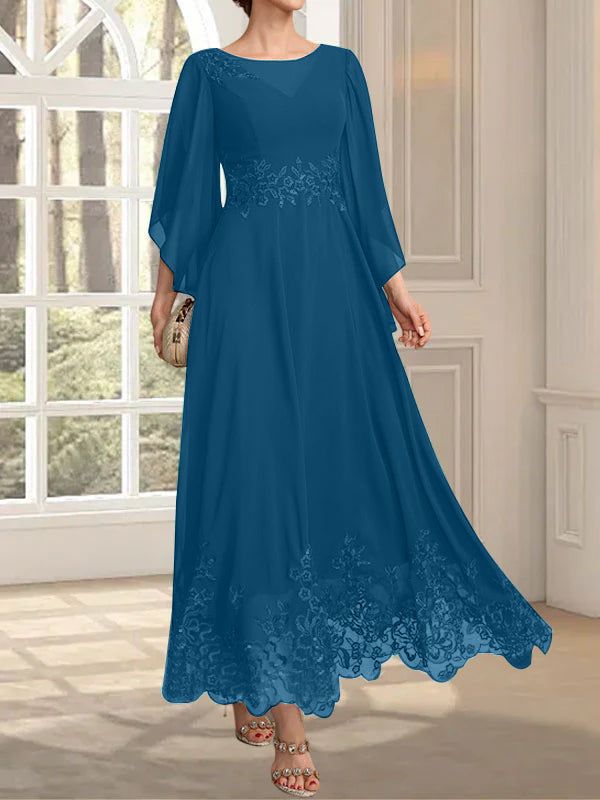 Vestido de gasa con encaje y lentejuelas para madre de la novia, corte A, escote ilusión, largo hasta los tobillos