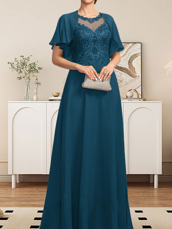 Vestido de gasa con encaje y lentejuelas para madre de la novia, corte A, escote ilusión, largo hasta el suelo