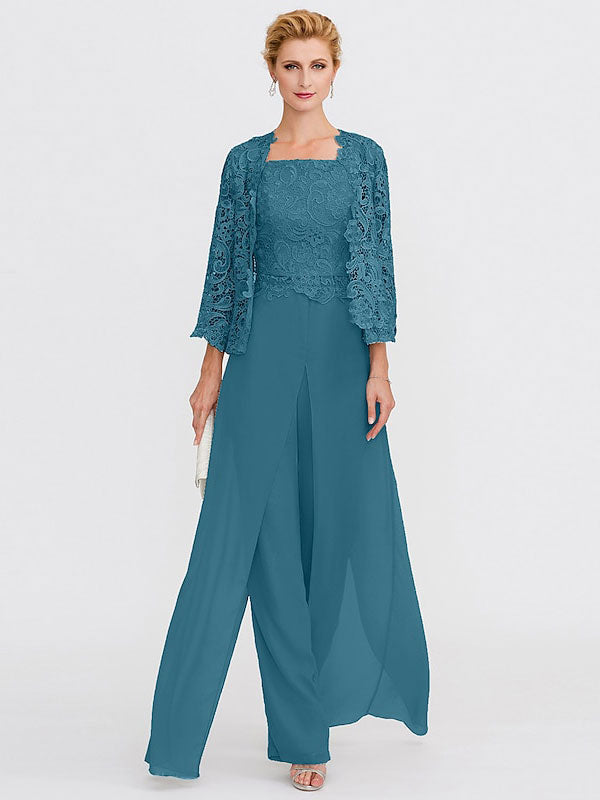 3-teiliger Chiffon-Hosenanzug mit quadratischem Ausschnitt und Jacke für die Mutter der Braut 