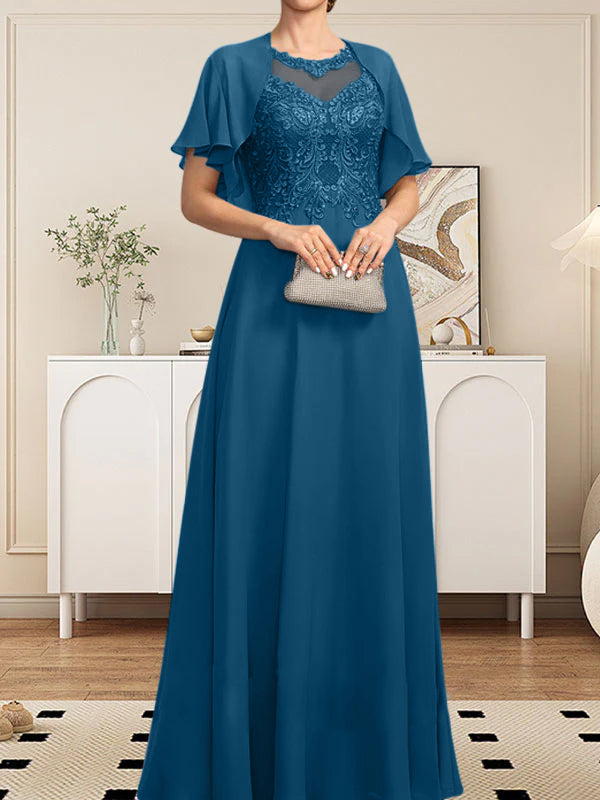 Vestido de gasa con encaje y lentejuelas para madre de la novia, corte A, escote ilusión, largo hasta el suelo