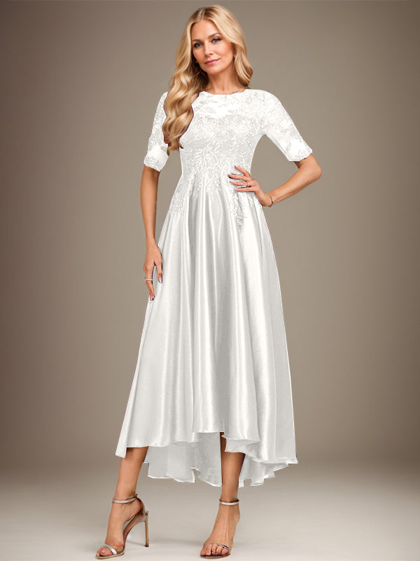 A-line Scoop Illusion Asymmetrical Stretch Satin Lace Mother of the Bride Dress With Sequins