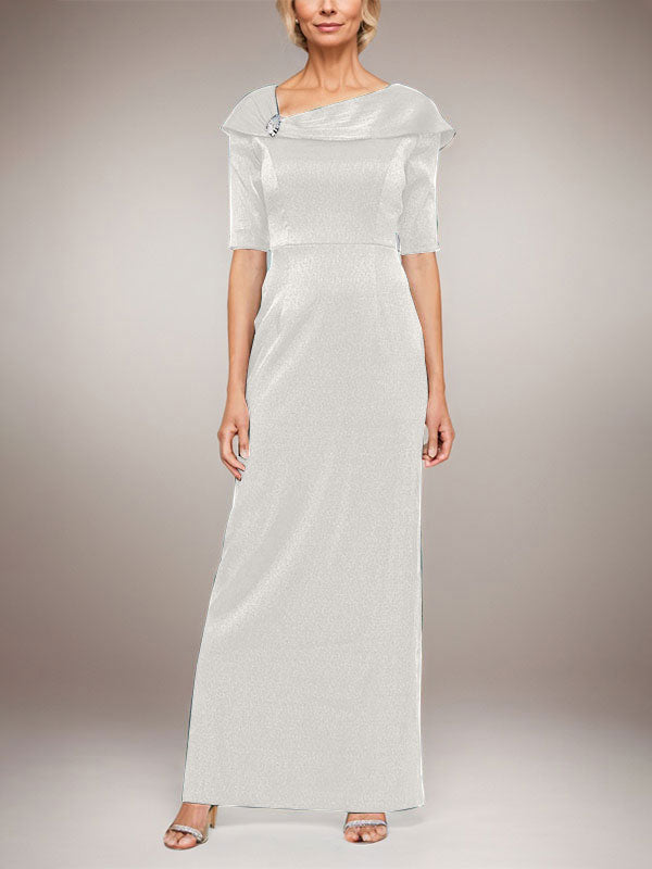 Vestido largo de columna brillante con puños doblados, escote en L y mangas hasta el codo