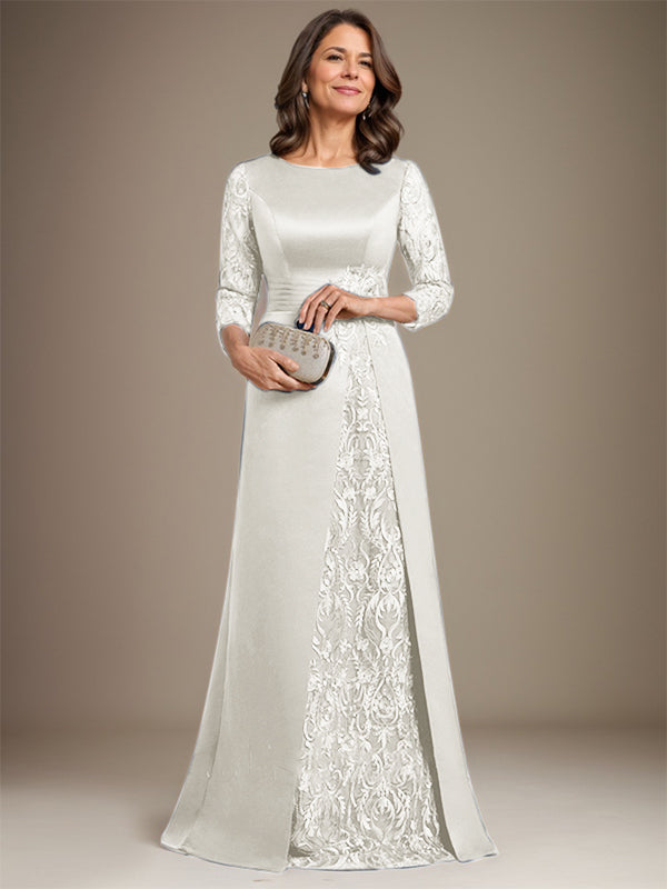 Vestido de madre de la novia de satén con encaje, corte A, largo hasta el suelo y apliques