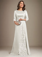 Vestido de madre de la novia de satén con encaje, corte A, largo hasta el suelo y apliques