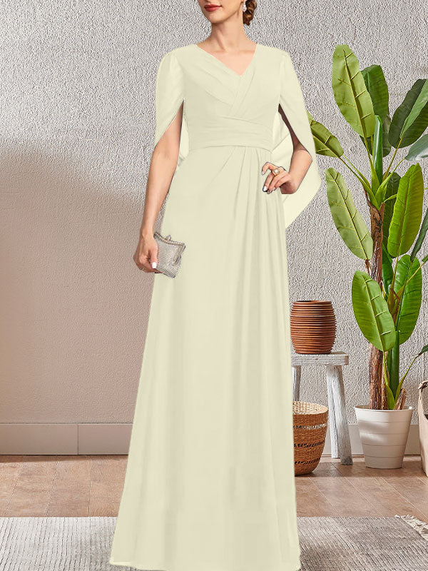 Vestido largo azul marino oscuro con escote en V y corte A para madre de la novia