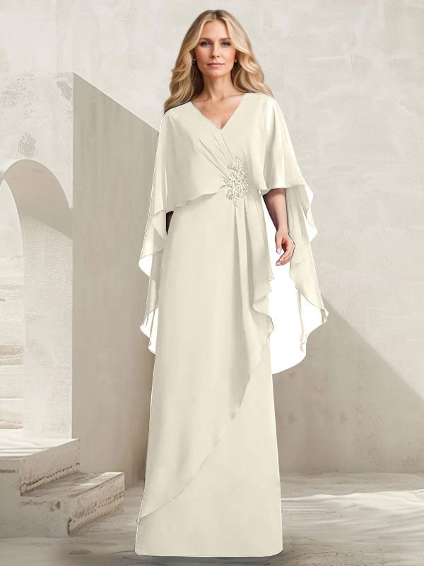 Vestido de gasa para madre de la novia con escote en V, corte A y largo hasta el suelo, con volantes en cascada y cuentas