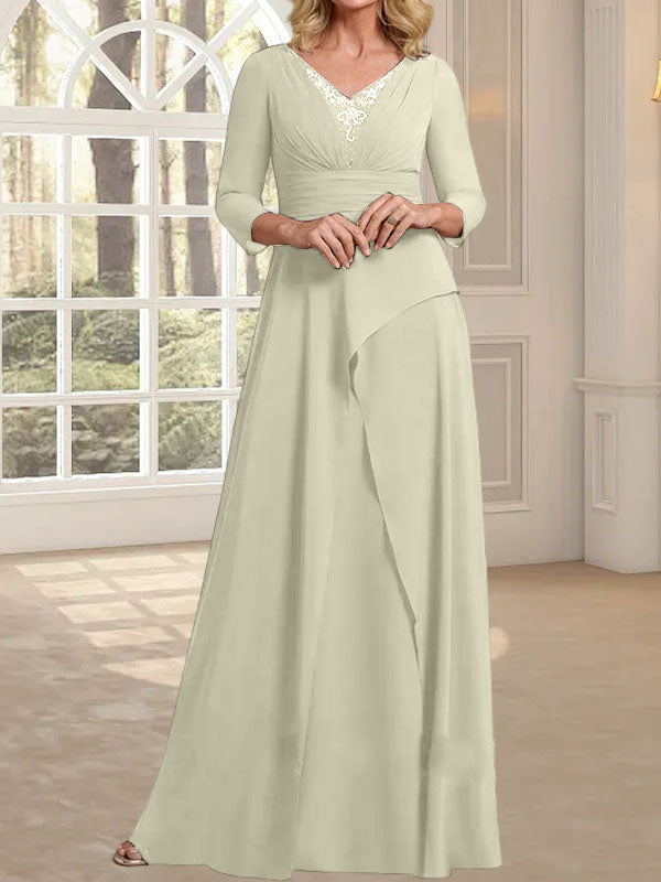 Vestido de gasa para madre de la novia con escote en V, largo hasta el suelo, con pliegues y cuentas