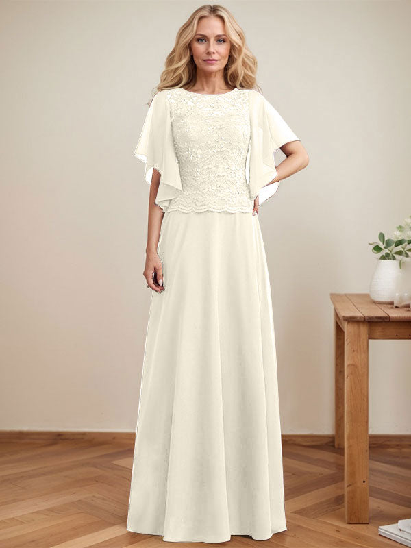 Vestido de gasa con encaje y lentejuelas para madre de la novia, corte A, escote ilusión, largo hasta el suelo