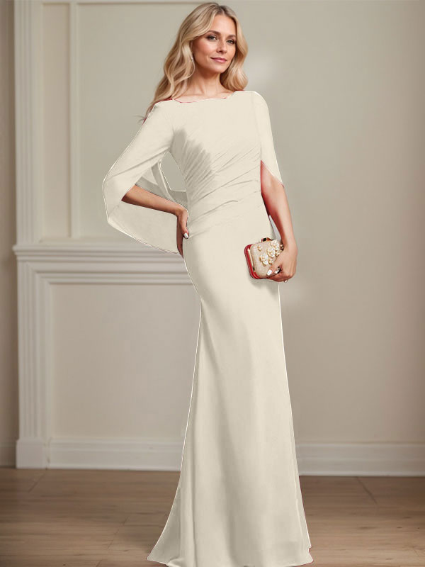Vestido de madre de la novia de gasa con escote barco, corte trompeta/sirena, largo hasta el suelo, con pliegues
