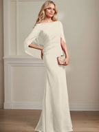 Vestido de madre de la novia de gasa con escote barco, corte trompeta/sirena, largo hasta el suelo, con pliegues