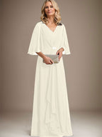 Vestido de gasa para madre de la novia, corte A, escote en V, largo hasta el suelo, con volantes en cascada y broche de cristal