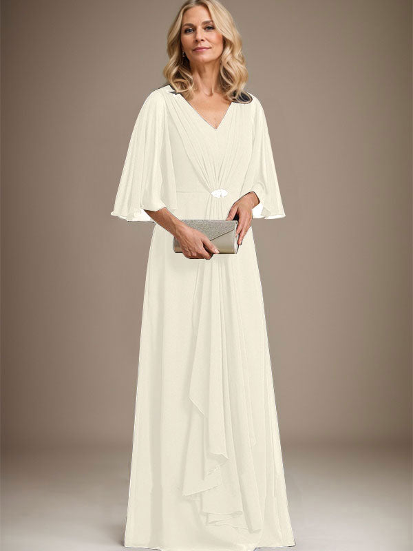 Vestido de gasa para madre de la novia, corte A, escote en V, largo hasta el suelo, con volantes en cascada y broche de cristal