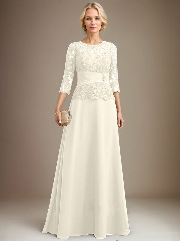Vestido de gasa con encaje, corte A, ilusión, largo hasta el suelo, para madre de la novia, con lentejuelas plisadas y abalorios