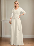 A-Linie V-Ausschnitt Bodenlanges Spitzen-Chiffon-Kleid für die Brautmutter mit kaskadierenden Rüschen und Pailletten 