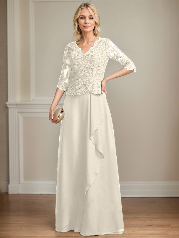 Vestido de madre de la novia de gasa con encaje, escote en V, largo hasta el suelo, con volantes en cascada y lentejuelas
