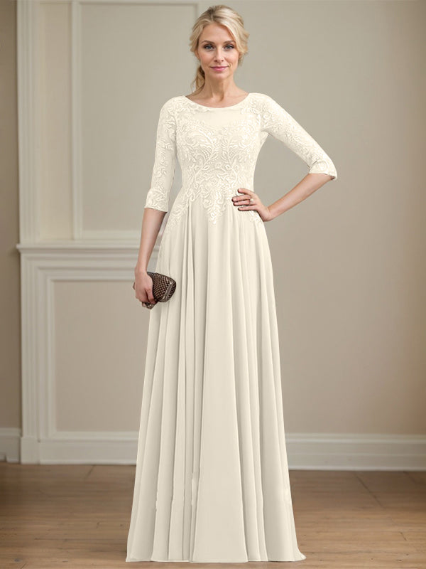Vestido de gasa con encaje y lentejuelas para madre de la novia, corte A, escote ilusión, largo hasta el suelo