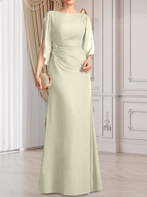 Vestido de gasa para madre de la novia con corte tubo/columna, escote redondo y largo hasta el suelo, con cuentas plisadas