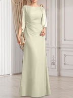 Vestido de gasa para madre de la novia con corte tubo/columna, escote redondo y largo hasta el suelo, con cuentas plisadas