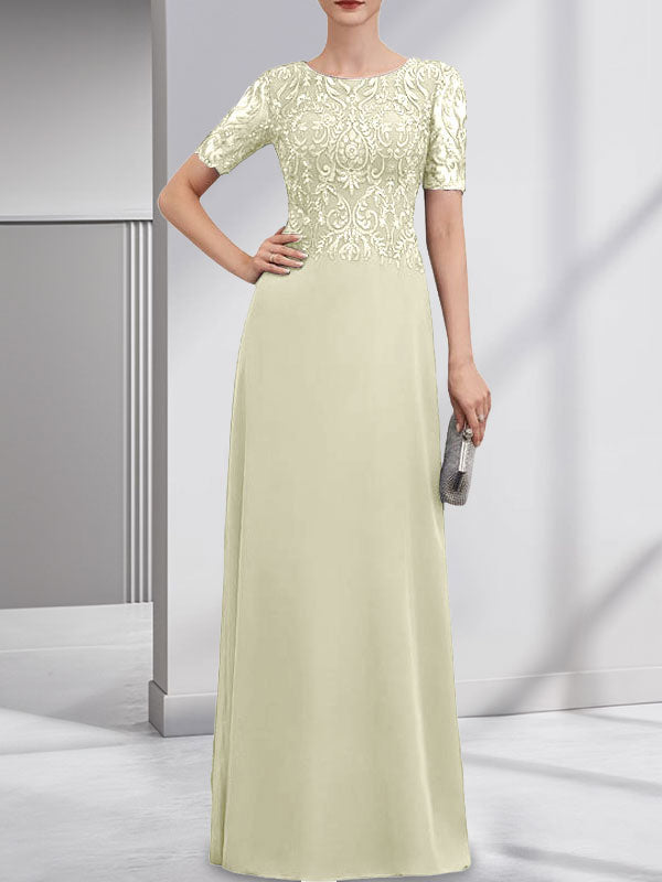 Vestido de gasa con encaje y lentejuelas para madre de la novia, corte A, largo hasta el suelo