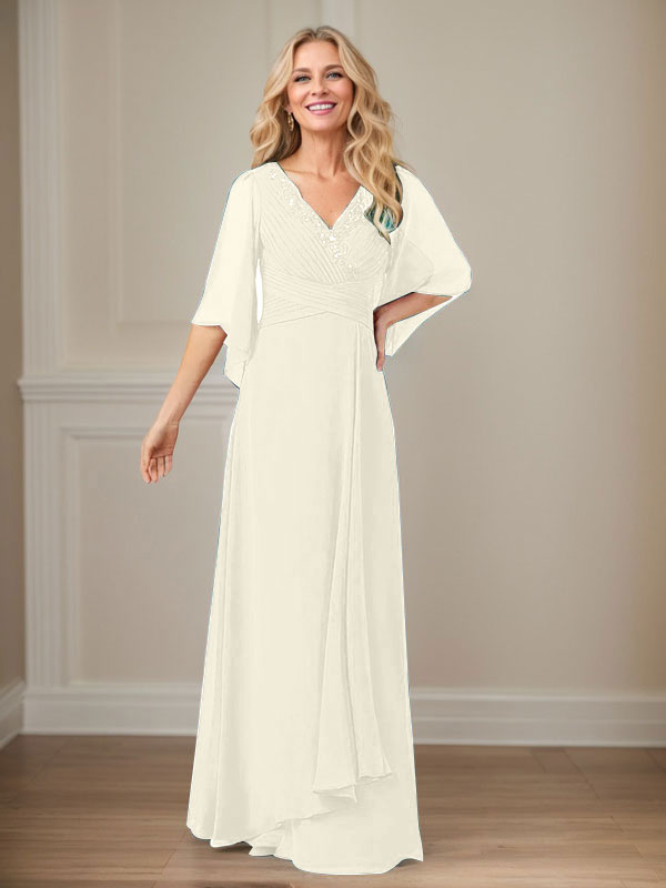 Vestido largo de gasa con lentejuelas y escote en V en forma de A para madre