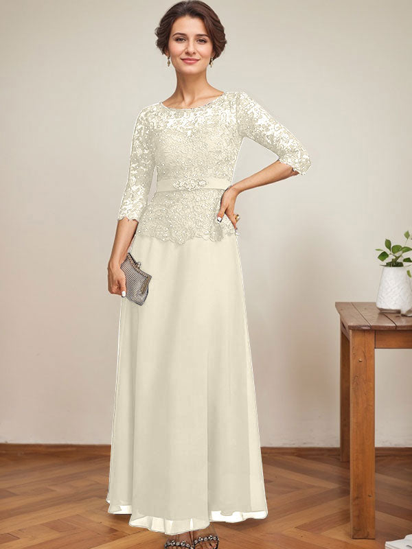 Vestido de gasa con encaje y escote en A, ilusión, largo hasta los tobillos, para madre de la novia con cuentas de diamantes de imitación