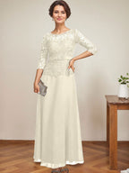 Vestido de gasa con encaje y escote en A, ilusión, largo hasta los tobillos, para madre de la novia con cuentas de diamantes de imitación