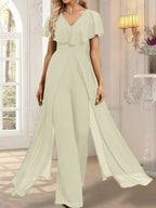 Vestido de noche de gasa con escote en V y largo hasta el suelo, tipo mono/pantalón