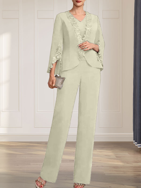 Vestido de gasa para madre de la novia, con escote en V y largo hasta el suelo, de mono/pantalón separado