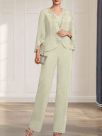 Vestido de gasa para madre de la novia, con escote en V y largo hasta el suelo, de mono/pantalón separado