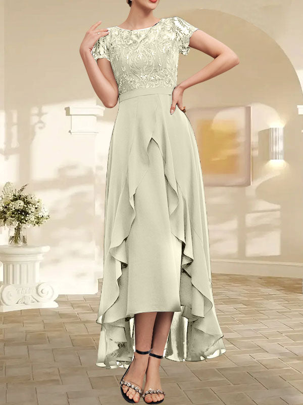 Vestido de madre de la novia de gasa asimétrica con escote en A, ilusión, encaje, lazo, volante y lentejuelas