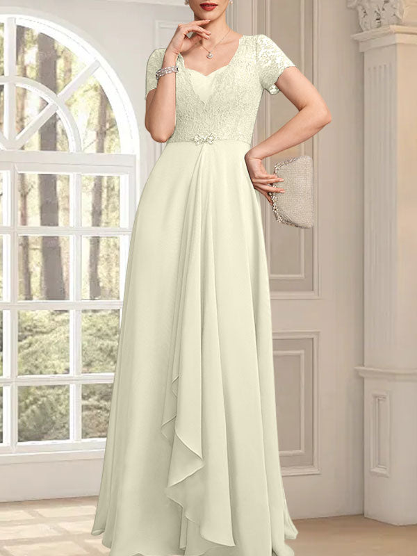 Vestido de madre de la novia de gasa con encaje, corte en A, escote corazón, largo hasta el suelo, con volantes en cascada y cuentas
