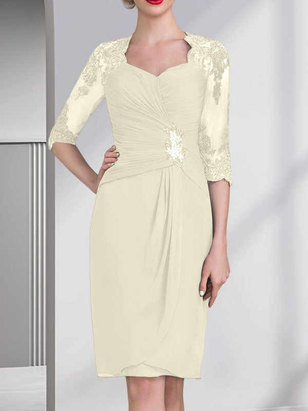 Vestido de gasa para madre de la novia con escote corazón, largo hasta la rodilla, con apliques de cuentas, encaje y lentejuelas plisado.