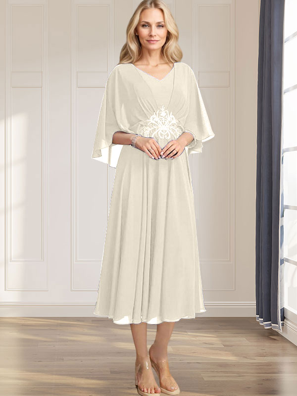 A-Linie V-Ausschnitt Wadenlanges Chiffonkleid für die Brautmutter mit plissierten Paillettenapplikationen Spitzenbesatz 